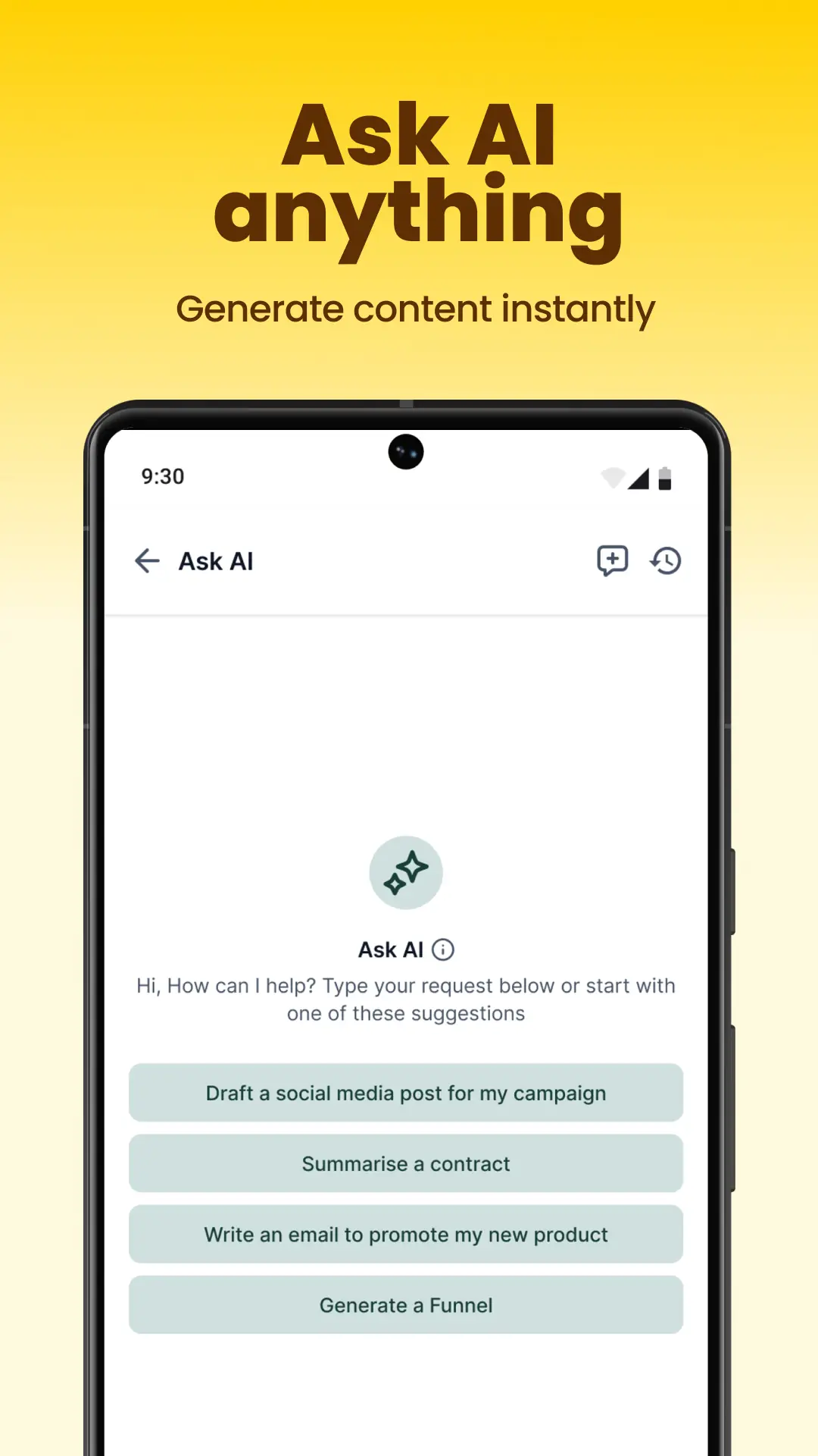 HighLead mobile app Ask AI screen with content and workflow prompts