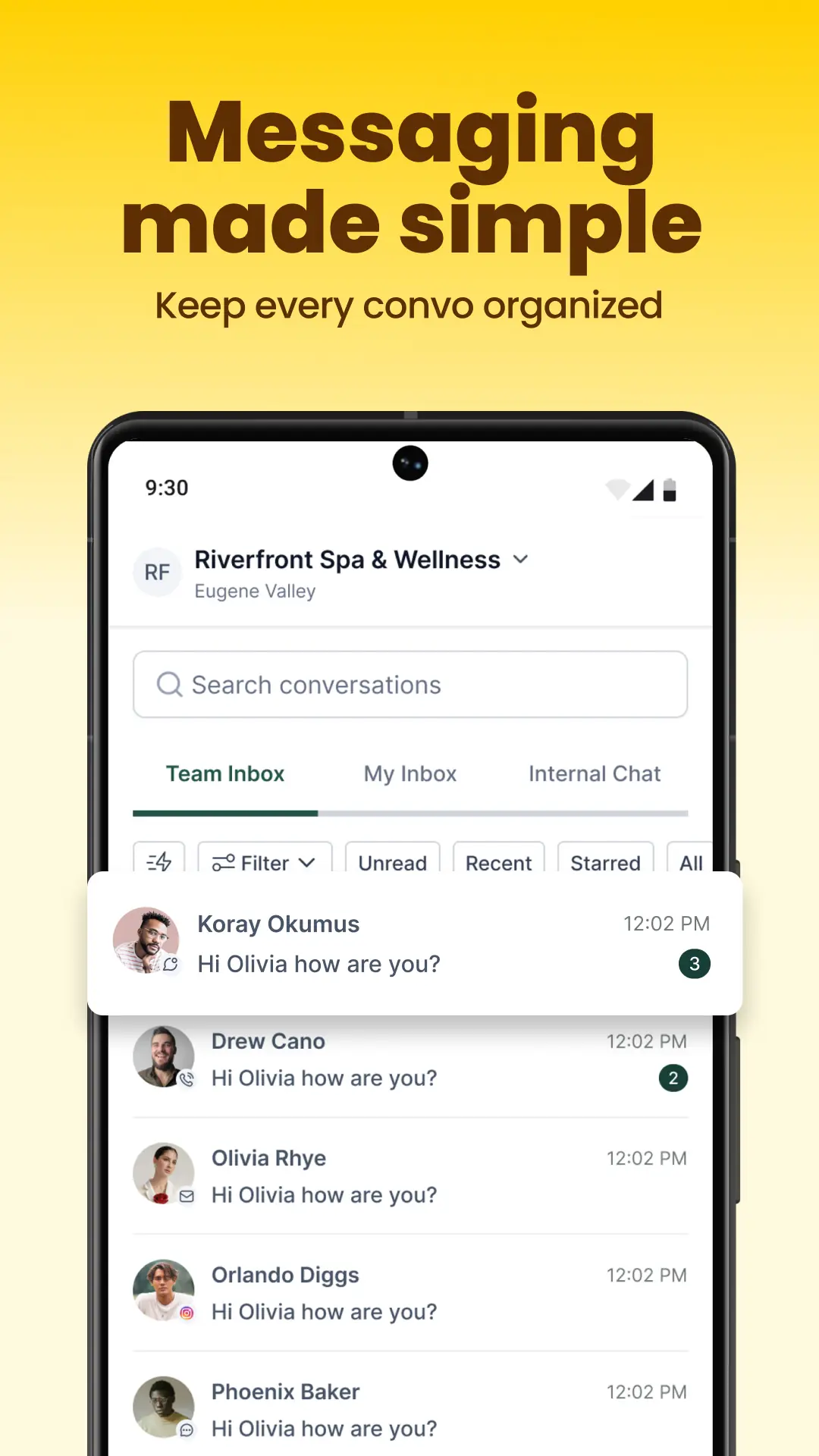 HighLead mobile app team inbox showing customer conversations