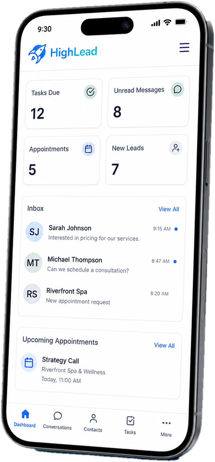 HighLead mobile app dashboard on a phone showing tasks due, unread messages, appointments, new leads and inbox conversations