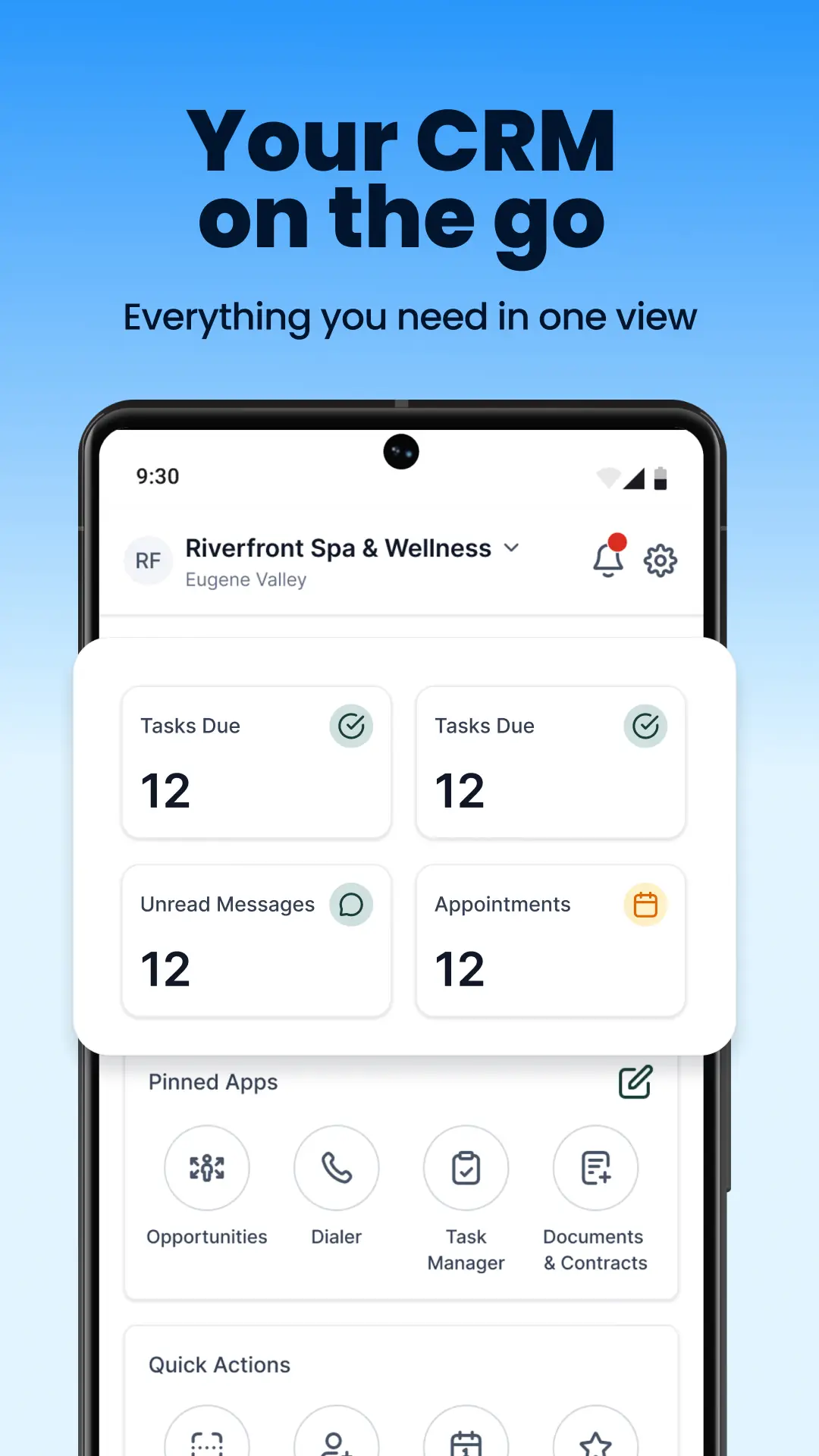 HighLead mobile app dashboard showing tasks, messages, appointments and pinned apps