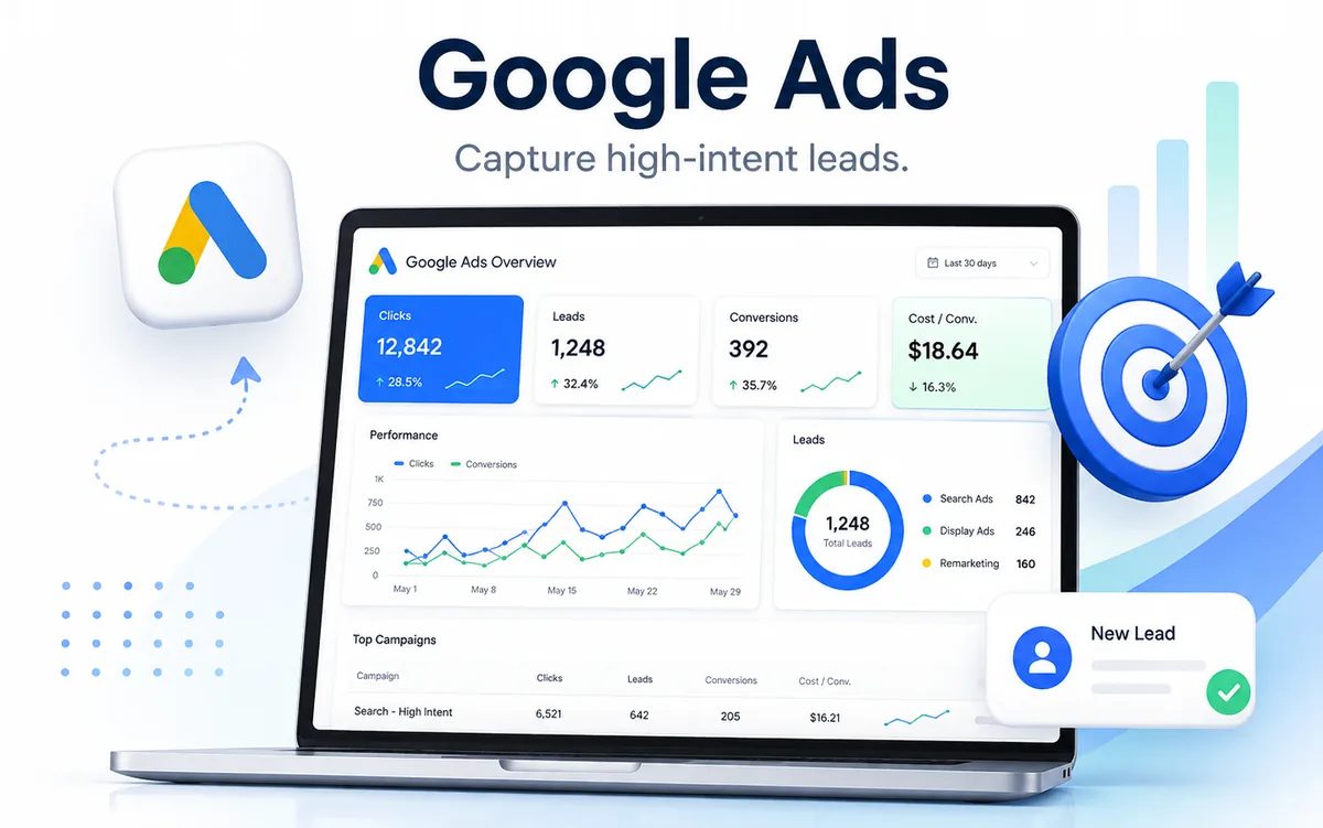 Google Ads overview dashboard on a laptop showing clicks, leads, conversions, cost per conversion, performance trend, lead sources by campaign type and a new lead notification