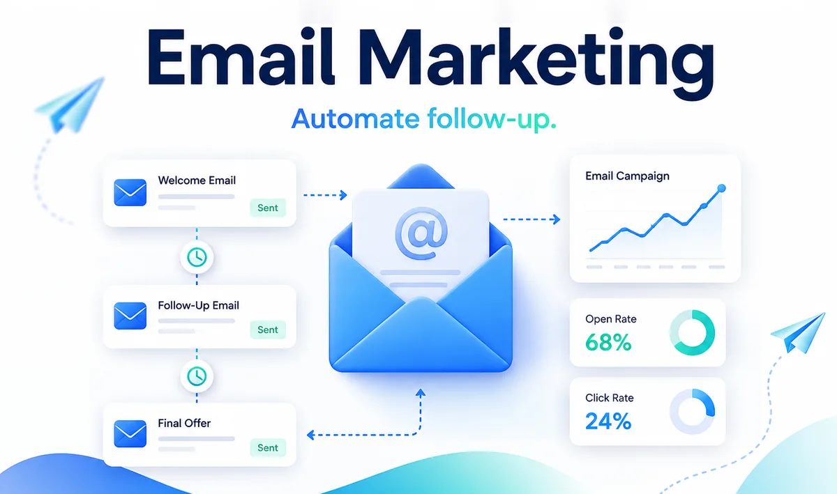 HighLead automated email follow-up sequence with welcome, follow-up and final offer emails, open rate and click rate