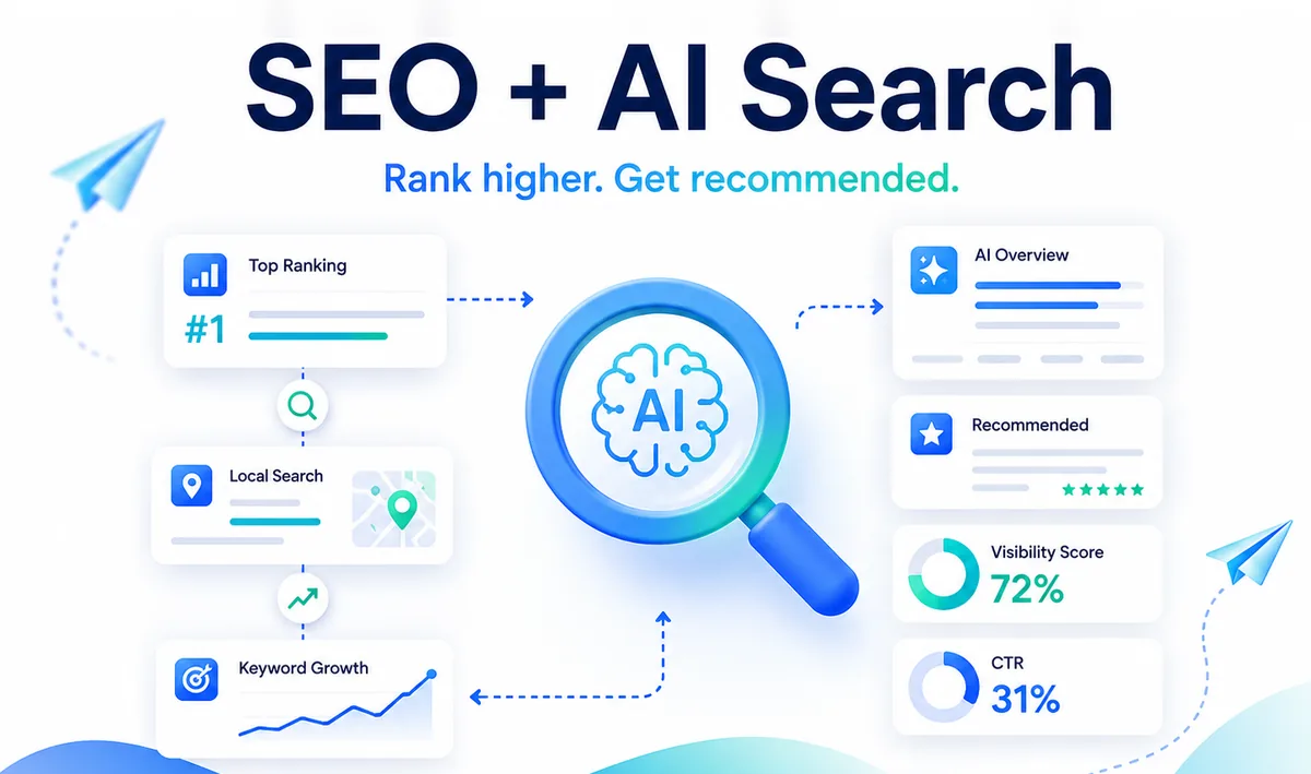 HighLead SEO and AI search visibility showing top rankings, local search, keyword growth, AI overview recommendations and visibility score