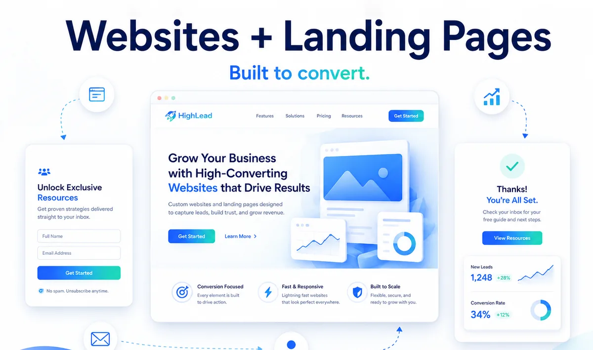 HighLead website and landing page built to convert with lead capture form, thank-you page, new leads and conversion rate