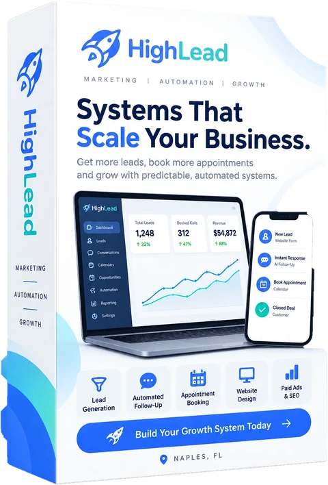 HighLead System shown as a product box: the CRM dashboard on a laptop and the lead flow on a phone