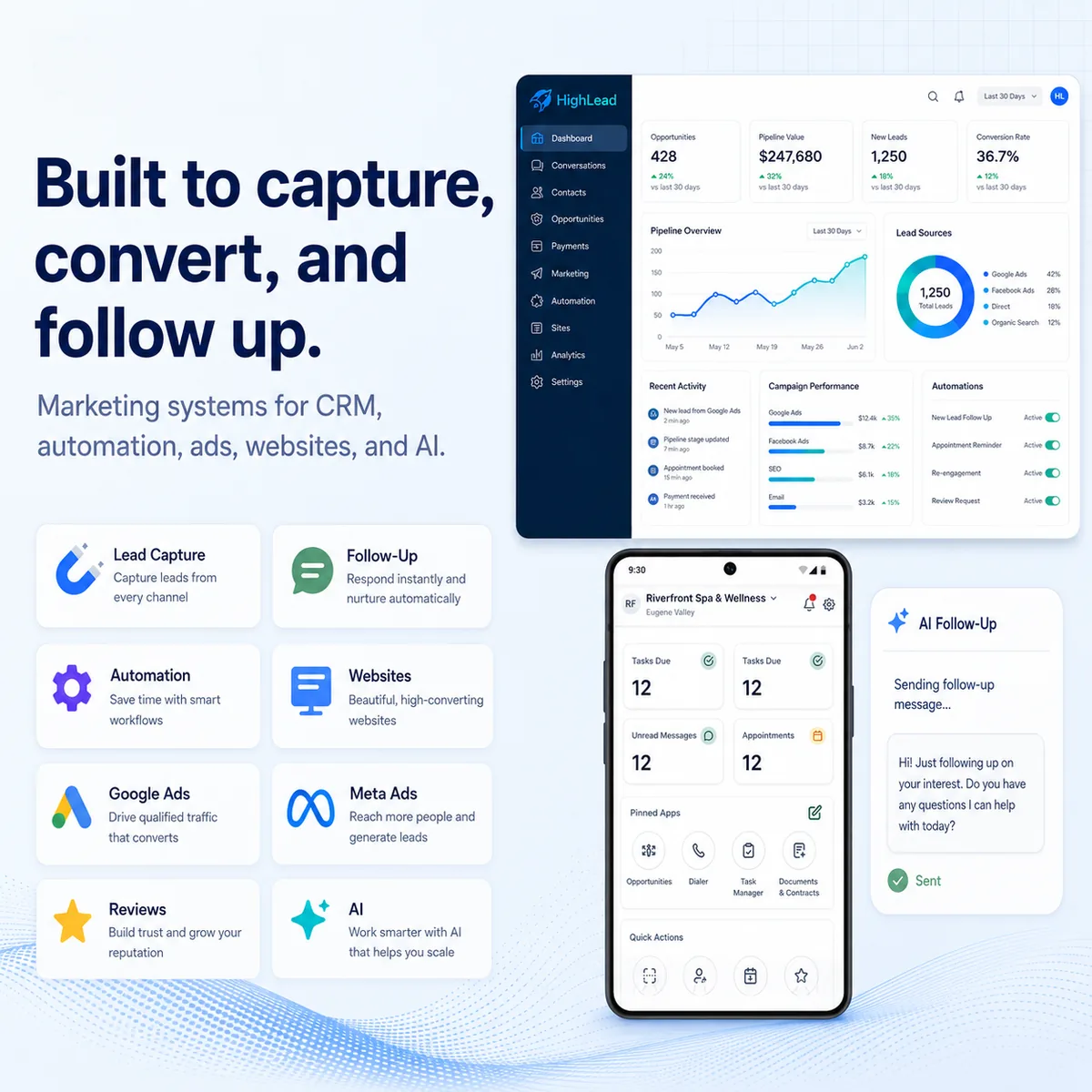 HighLead dashboard and mobile app showing pipeline, lead sources, campaign performance, automations and AI follow-up